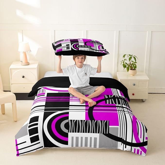 Art Deco Mid Century Duvet Cover Set Retro Modern Abstract Geometric Twin Bedding Sets for Girls Kids Teens Child Black and White Purple Circles Stripes Comforter Cover Contemporary Bed Set