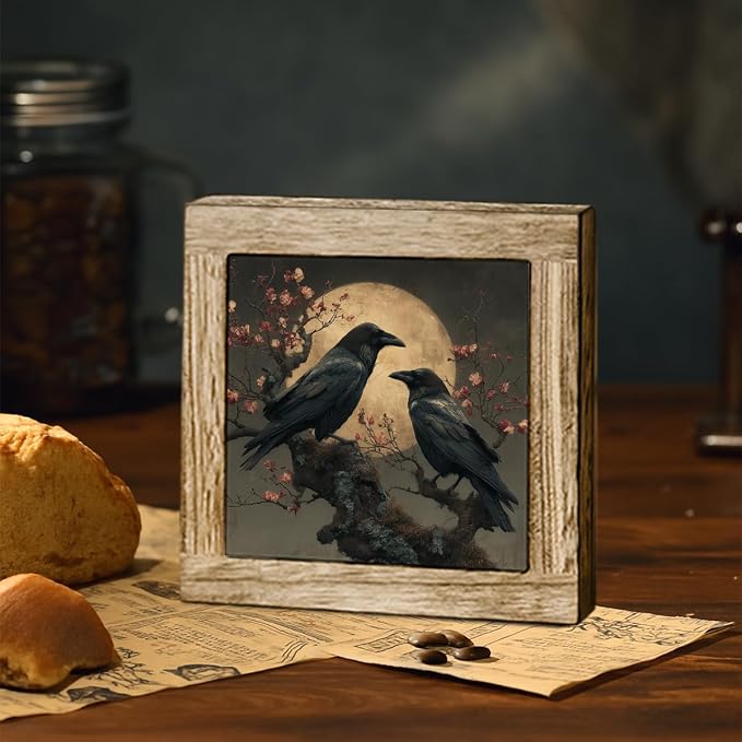 Gothic Raven Couple Moon Wooden Desktop Sign, Dark Academia Crow Wood Plaque Tabletop Decor, Vintage Moody Bird Wooden Sign for Bedroom Living Room Office Shelf
