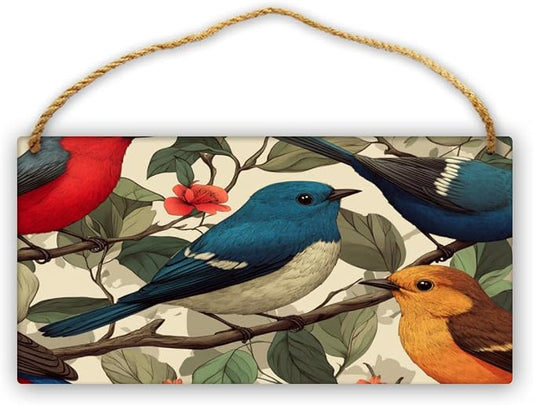 Botanical Birds Wooden Sign 12x6 Inch - Vintage Decor for Traditional Home Lovers & Bird Admirers, Suitable for Classic styles Rooms & Art Spaces