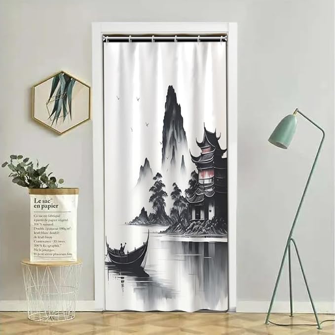 Abstract Ink Painting Shower Curtain Chinese Traditional Nature Landscape Mountains Lake Shower Curtains for Bathroom Accessories Waterproof Polyester Fabric with Hooks, 36 x 72 Inch