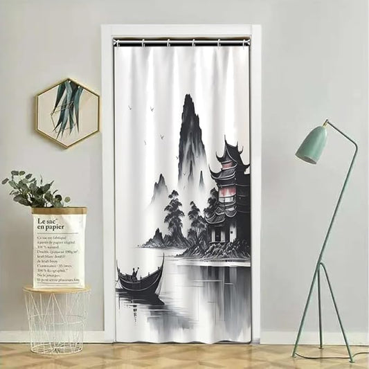 Abstract Ink Painting Shower Curtain Chinese Traditional Nature Landscape Mountains Lake Shower Curtains for Bathroom Accessories Waterproof Polyester Fabric with Hooks, 36 x 72 Inch