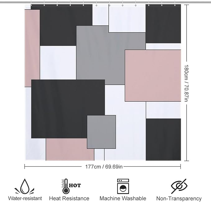Retro Geometric Shower Curtain,Pink Black Modern Geometry Minimalist Neutral Design Bathroom Curtain Polyester Waterproof Fabric Decor 72x72in（183x183cm）