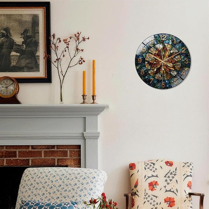 16 Inch Floral Mosaic Glass Wall Clock Silent Art Decor | Silent glossy wall clock with a vintage stained glass mosaic design, perfectly tracking time for your living room
