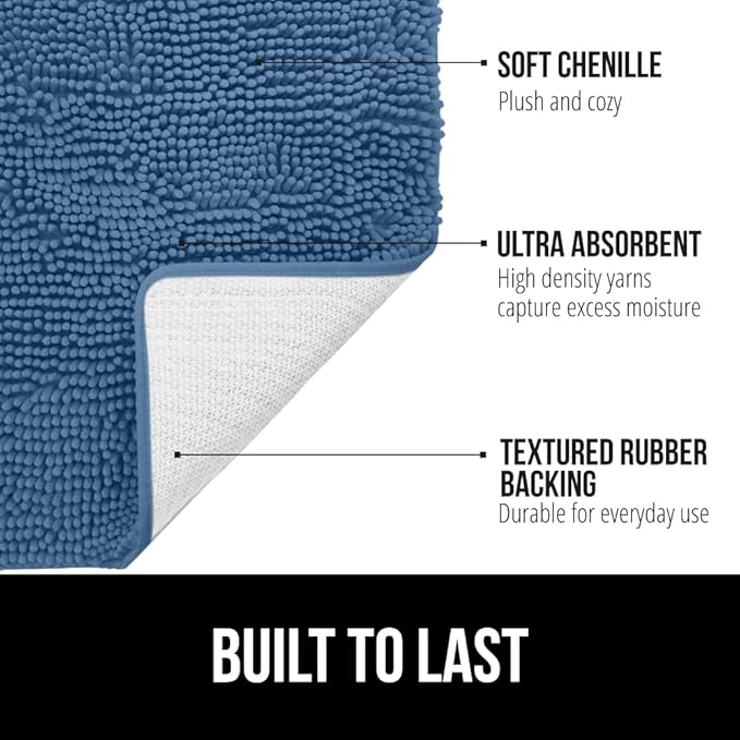 GORILLA GRIP Bath Rug Mat, Thick Soft Absorbent Chenille, Quick Dry Microfiber Mats, Rubber Backing Washable Shower Floor Rugs, US Designed Bathroom Bathmat Home Decor Accessories, 24x17, Blue