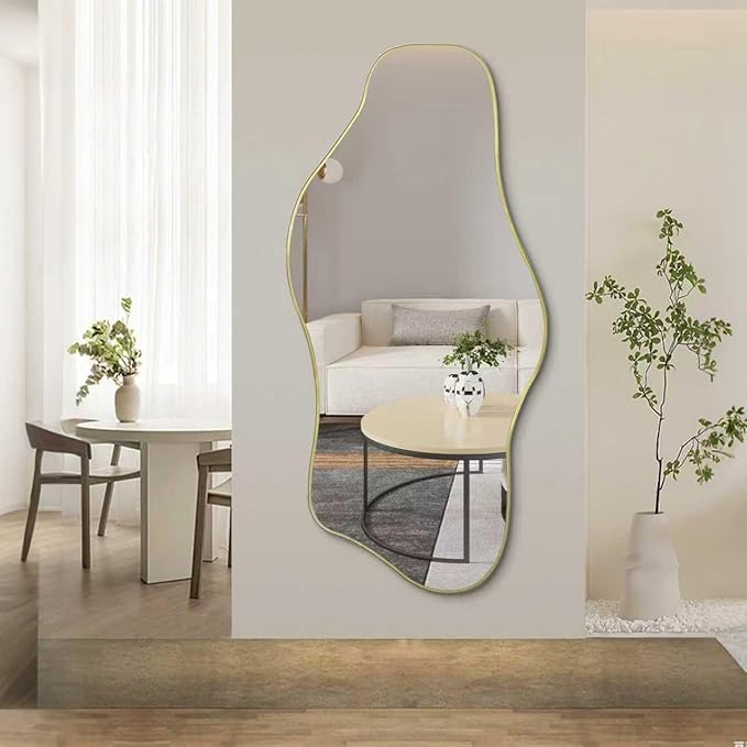 Irregular Mirror, 59"x25.5" Asymmetrical Full Length Mirrors Decorative, Gold Cloud Shaped Mirror, Large Abstract Frameless Mirrors for Living Room Bathroom Bedroom Hallway Entryway