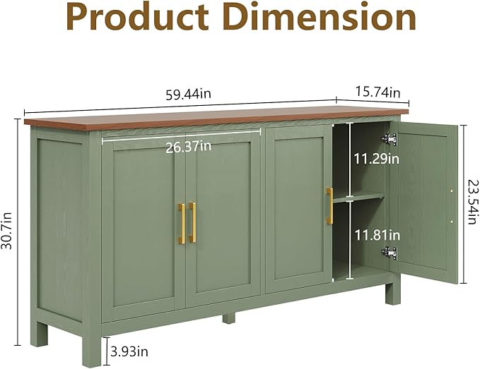 ARTPOWER Large Sideboard Buffet Cabinet with Storage, 60" Accent Cabinet Modern Buffet Table with Adjustable Shelf, Credenza Green Storage Cabinet for Dining Room, Living Room, Kitchen, Entryway