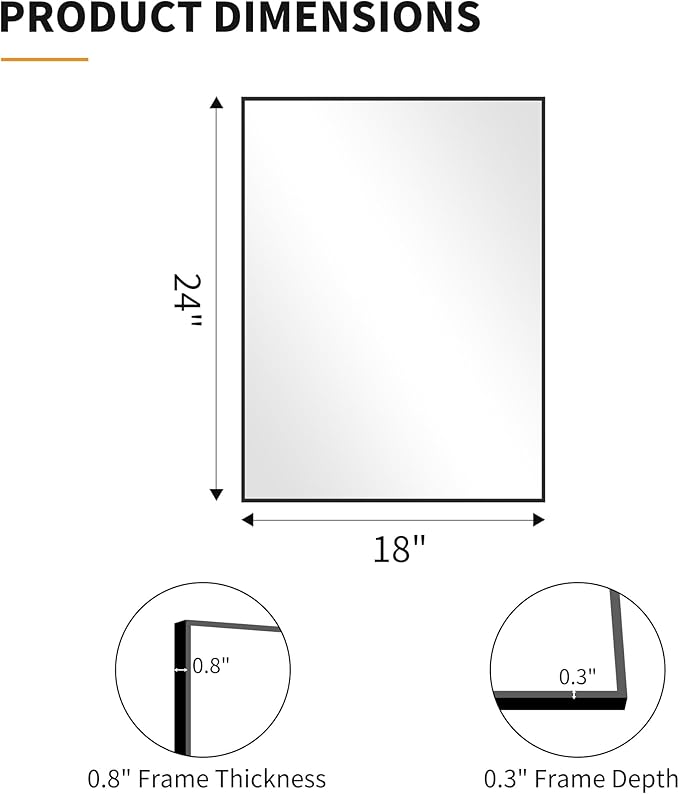 KOCUUY Black Bathroom Mirror, 24x18 Inch Rectangle Mirror for Over Sink, Modern Decorative Wall Mirror for Bedroom Living Room Bathroom, Hang Horizontal/Vertical