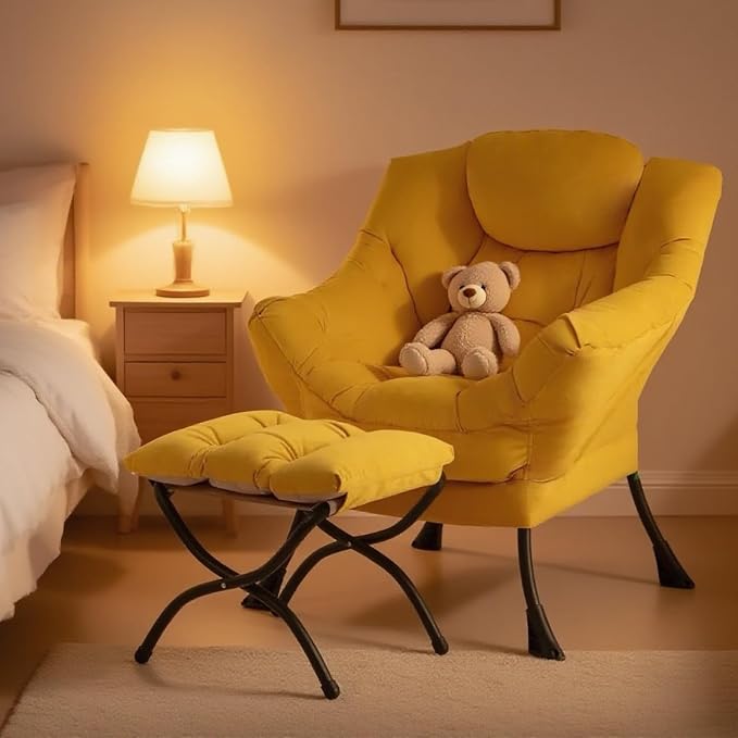Tiita Lazy Chair with Ottoman, Yellow Modern Large Accent Armchair, Comfy Leisure Sofa Reading Chair with Footrest for Bedroom, Living Room, Dorm Rooms, Garden, Velvet Yellow