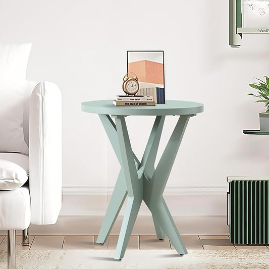Modern Round End Table with Crossed Legs, Unique Small Green Side Table, Outdoor Accent Table, Easy Assembly Bedside Table for Living Room, Balcony, Small Spaces