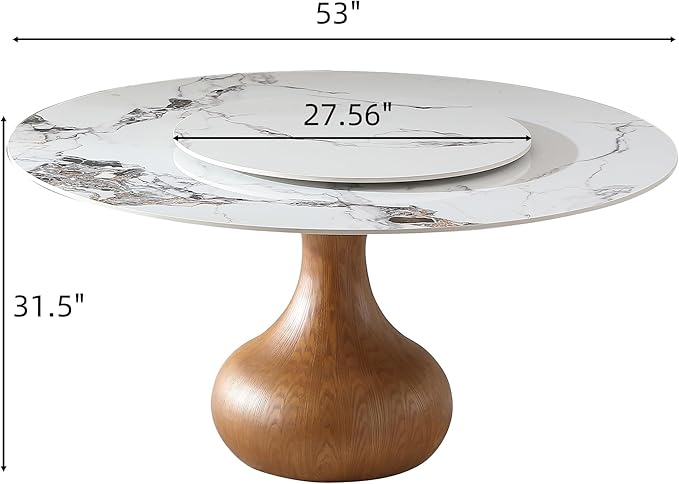 Montary 53” Modern Round Dining Table for 4-6 Seat, Artificial Marble Dining Room Table with Lazy Susan, Vase Shaped Walnut Wood Base, Sintered Stone Top Dining Table (Only Table)
