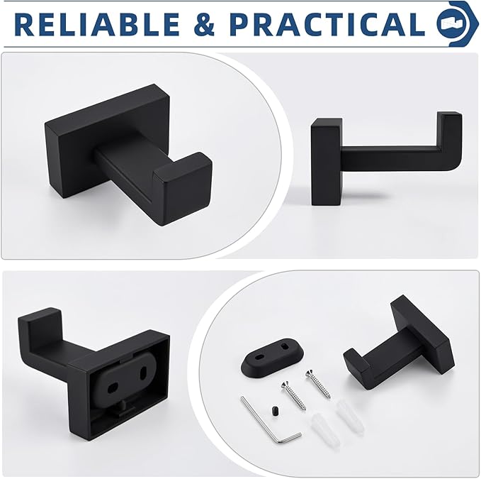 Suyar Matte Black Towel Hook, SUS 304 Stainless Steel Bathroom Robe Holder, Shower Towel Hanger, Wall Mounted