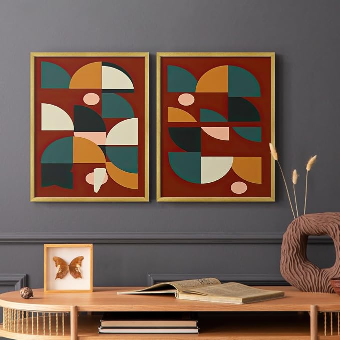 Renditions Gallery Set of 2 Peel & Stick Framed Prints, Mid Century Abstract Wall Art, Modern Geometric Shapes Wall Decor, Re-Stickable - Ready to Hang - 11"x14" - GOLD Frame LT588