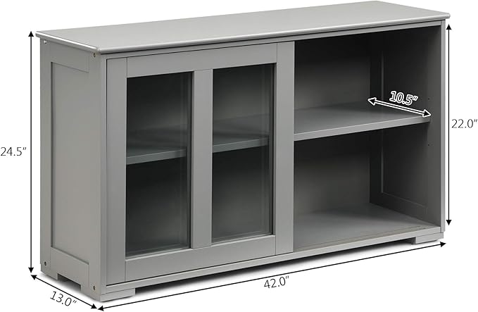 Sideboards Buffet Cabinet, Sliding Tempered Glass Door Coffee Bar, Console Table with Adjustable Shelf, Credenzas for Living Room, Stackable Kitchen Cupboard for Dining Room (Grey)