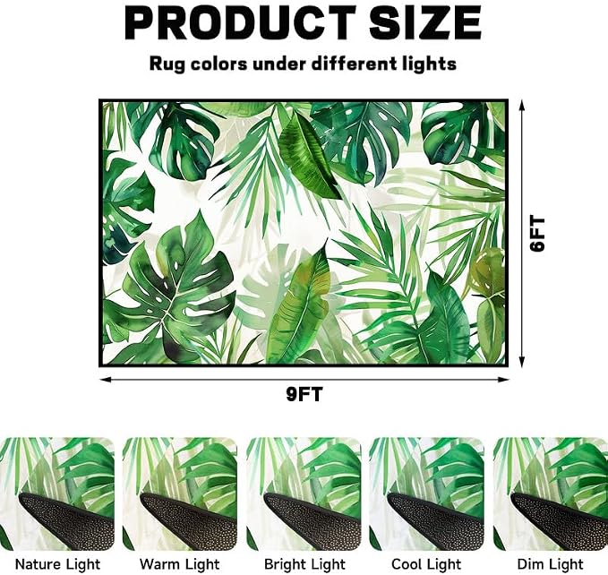 6'x9' Tropical Palm Leaf Rug Monstera Banana Leaves Floor Mat for Bedroom Living Room Nursery Playroom Classroom Home Decor Washable Low Pile Green Botanical Area Rug