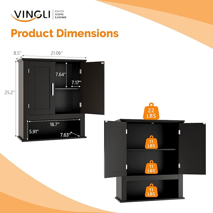VINGLI Bathroom Wall Cabinet, Black Medicine Cabinet with Open Shelf & 2 Doors, Adjustable Hanging Storage Organizer Over Toilet, Wooden Cupboard for Kitchen Laundry Room Entryway