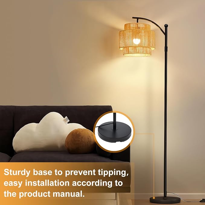 Vinaco Adjustable Height Floor Lamp Rattan 3 Color Temperature,Dimmable Tall Boho Floor Lamps with Remote & Foot Switch, Rotating Lamp Shade Wicker Arc Standing Lamp for Living Room Bedroom Lights