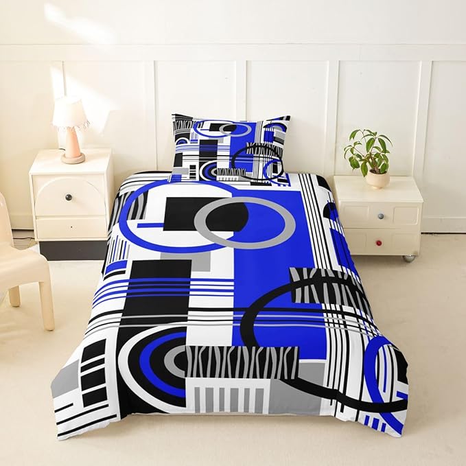 Erosebridal Art Deco Mid Century Duvet Cover Set Retro Modern Abstract Geometric Girl Toddler Bedding Set for Kids Boys Black and White Navy Blue Circles Stripes Comforter Cover Contemporary Bed Sets