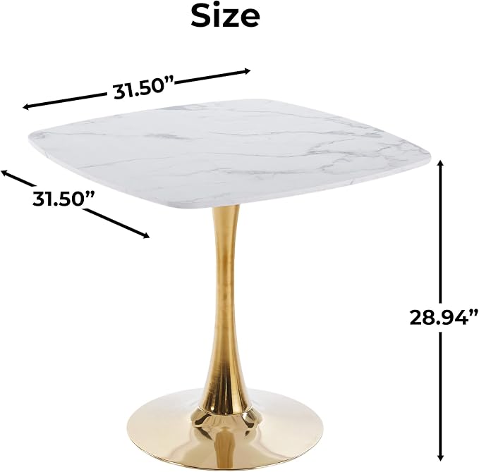 31.5" Square Dining Table for 2-4, White Marble-Look MDF Top with Gold Tulip Pedestal Base, Mid-Century Modern Kitchen Table for Apartment, Breakfast Nook, Café and Bistro