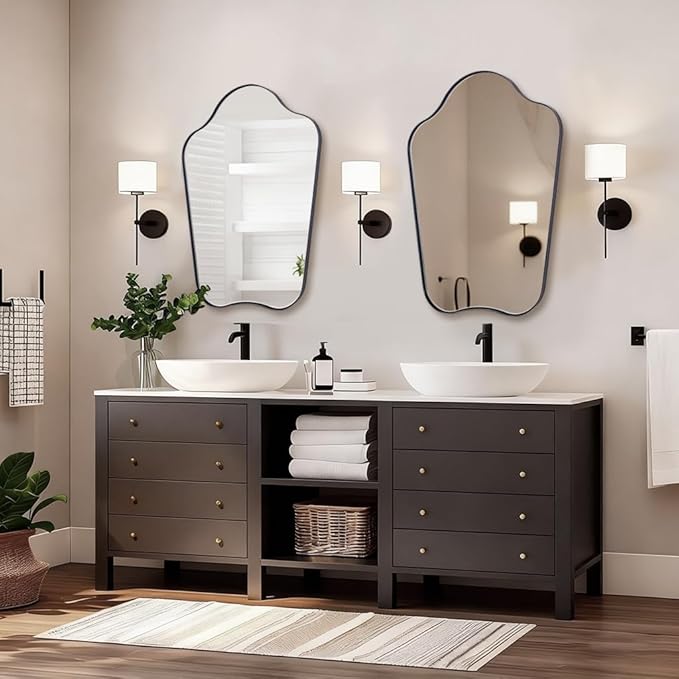 ANDY STAR Scalloped Bathroom Mirror, 24x36 Black Irregular Mirror with Curved Design, Wavy Wall Mirror for Vanity, Powder Room, Stainless Steel Frame, Anti-Rust