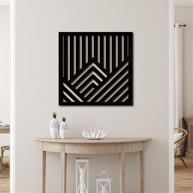 Geometric Mountain Wood Wall Art Decor, 2 Pcs Modern Mountain Wall Sculptures Wooden Square Hanging Abstract Panels, 3D Square Hollow Wood Art Wall Decor for Home Office Living Room Bedroom (Black)