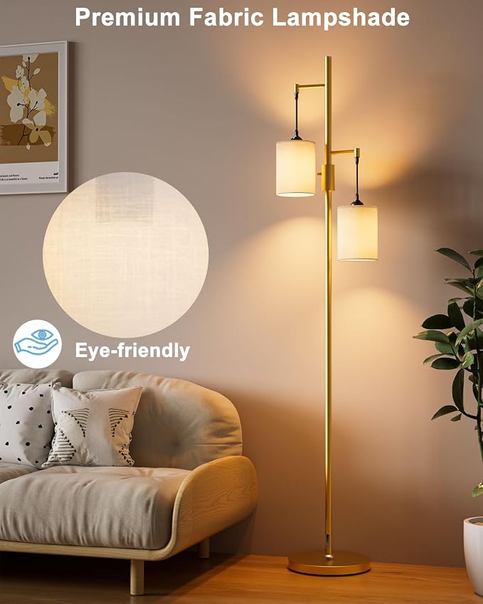 Lightdot 65IN Gold Floor Lamp for Living Room, Industrial 2-Light Tree Floor Lamps with Linen Shade, Modern Standing Tall Lamp with 5Lbs Heavy Base for Bedroom/Sofa Beside/Corner Decor(Bulb Included)