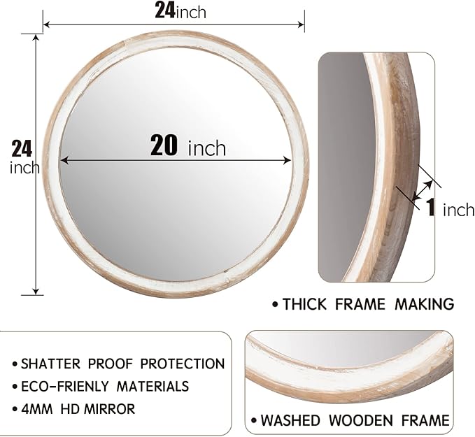 Reflinto 24 Inch Rustic Farmhouse Round Mirror for Wall Decor, | Whitewashed Wooden Circle Mirrors for Bathroom Over Sink, Bedroom, Entryway, Living Room, Kitchen, Office
