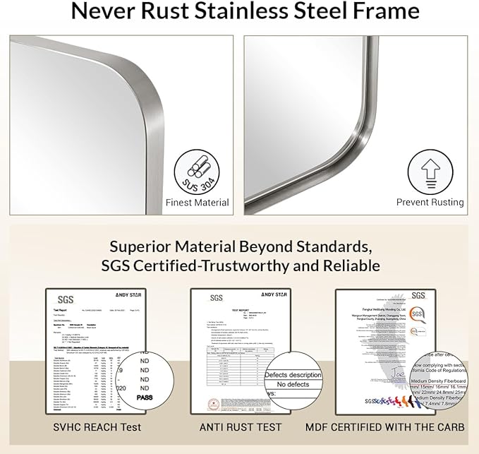 ANDY STAR 30”x40”Brushed Nickel Mirror for Bathroom, Rounded Rectangle Bathroom Mirror, Modern Metal Mirror in Premium Stainless Steel Frame, 1”Deep Set Design Hangs Horizontal Or Vertical