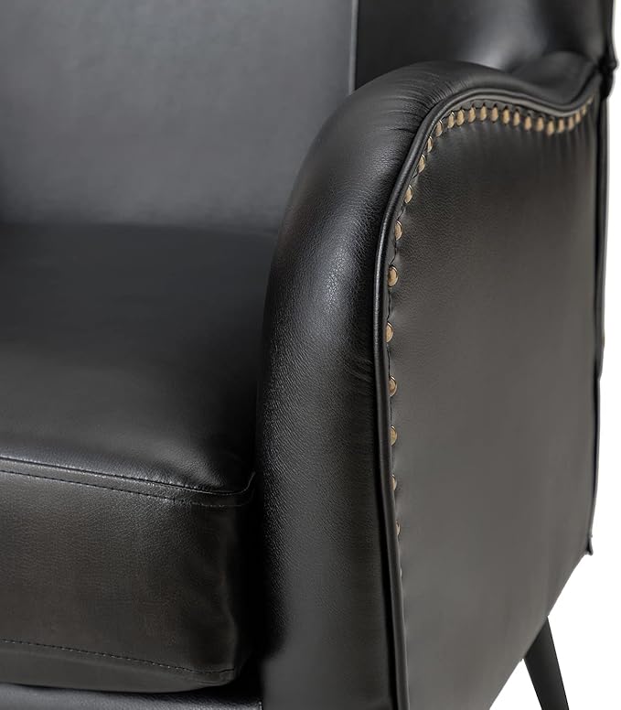 HULALA HOME Faux Leather Accent Chair Set of 2 with Removable Cushion, Comfy Upholstered Armchair with Metal Legs & Nailhead Trim Wingback Vanity Chair for Reading Living Room Bedroom, Black