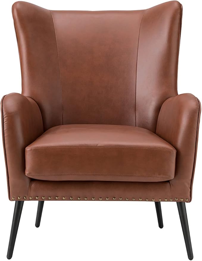 HULALA HOME Faux Leather Accent Chair Set of 2 with Removable Cushion, Comfy Upholstered Armchair with Metal Legs & Nailhead Trim Wingback Vanity Chair for Reading Living Room Bedroom, Brown