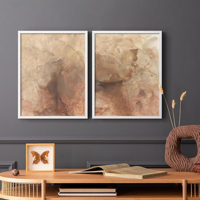 Renditions Gallery Set of 2 Peel & Stick Framed Prints, Abstract Wall Art, Brown Textured Marble Design Re-Stickable - Ready to Hang - 11"x14" - White Frame LT588