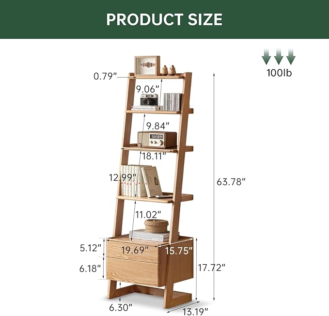 100% Solid Wood 5 Tier Ladder Shelf, Tall Narrow Bookshelf with Storage, 63.78" Tall Bookcase with Drawers, Display Shelf Unit for Living Room Bedroom