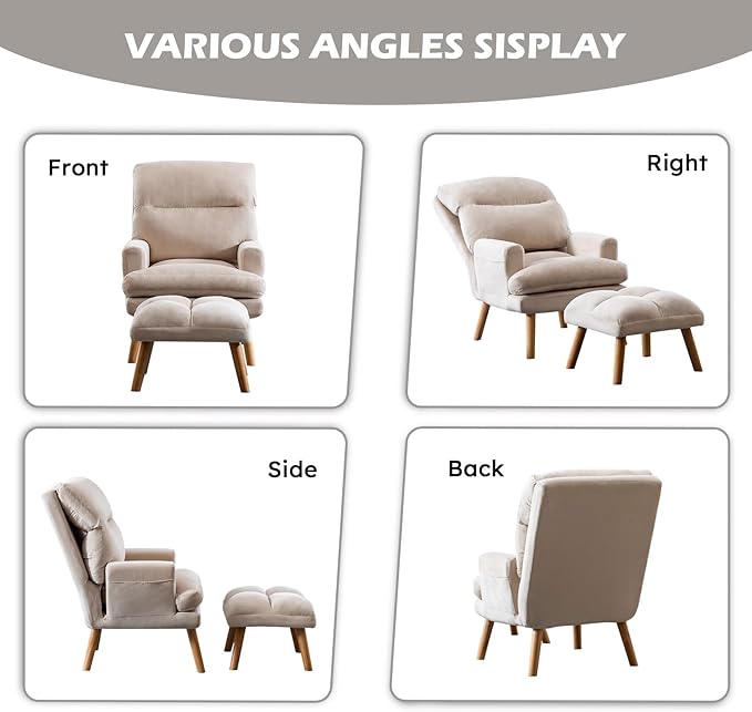 Accent Chair with Ottoman Comfy Reading Chair Armchair with Adjustable Backrest and Side Pockets Soft Fabric Leisure Sofa for Bedroom, Living Room, Dorm Rooms, Garden, Beige