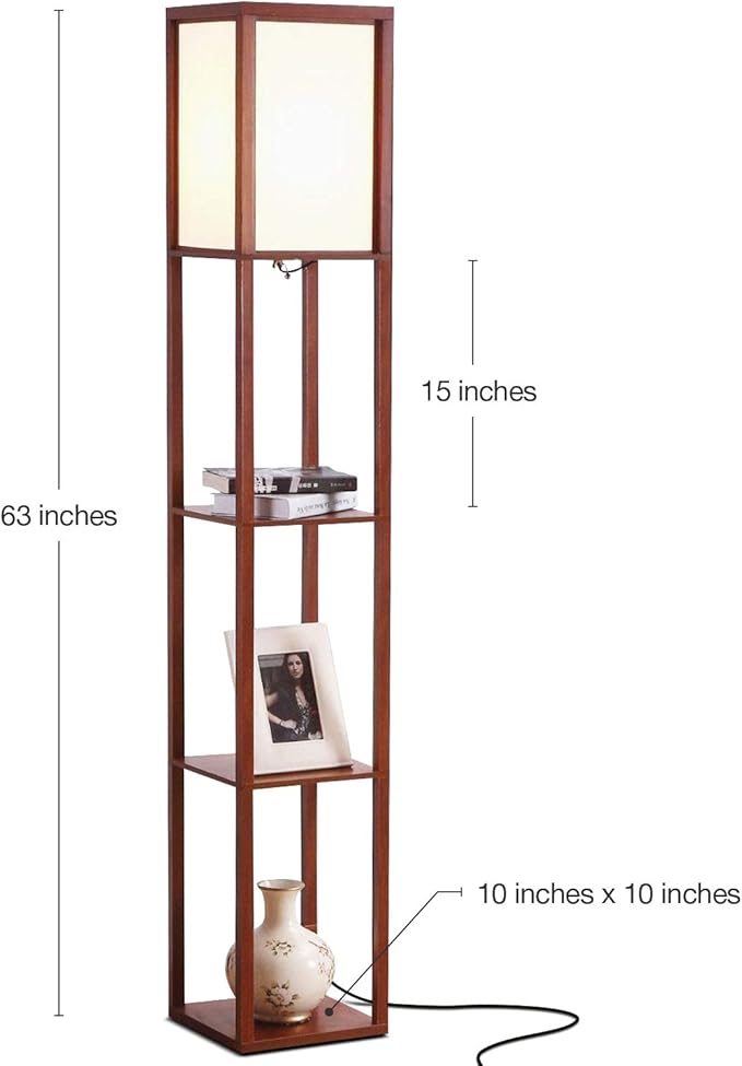 Brightech Maxwell - Modern Shelf Floor Lamp with Lamp Shade & Warm White LED Bulb, Corner Display Floor Lamp with Shelves for Living Room, Bedroom, Nightstand Office, Home Decor Storage - Walnut Brown