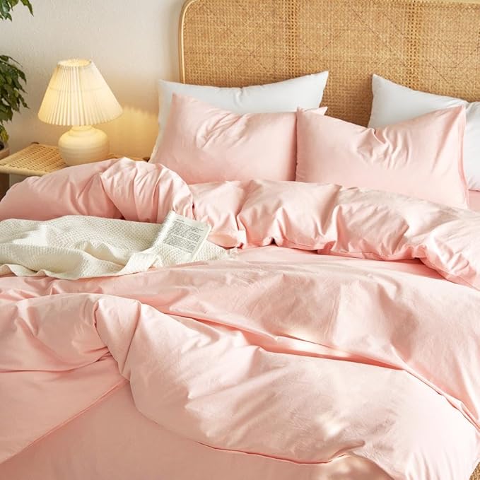 Wake In Cloud - Cotton Duvet Cover Set, 100% Washed Cotton, Linen Like Textured, Breathable Durable Comfy Farmhouse Neutral Bedding Set, 3 Pieces, Pink, Queen Size