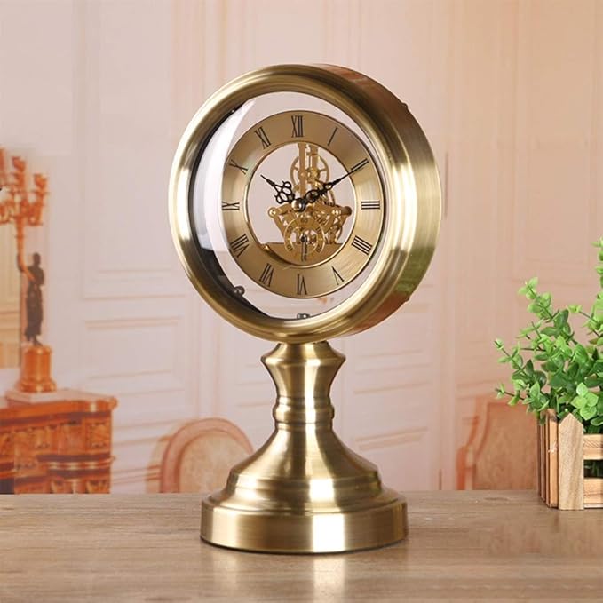 Retro Brass Desk Clock, Classic Metal Antique Clock, Silent Clockwork, Mantel Clock for Living Room, Fireplace, Office, Kitchen Mantel Clock-Metallic-Transparent Movement