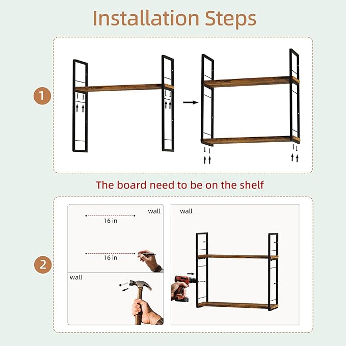 2-Layer Wall Bookshelf for Book Storage, Floating Book Shelves for Wall, Space Saver, 16in Stud Hanging Books helf, Bedside Shelf for Living Room Bedroom Office, 2 Packs-Dark Brown