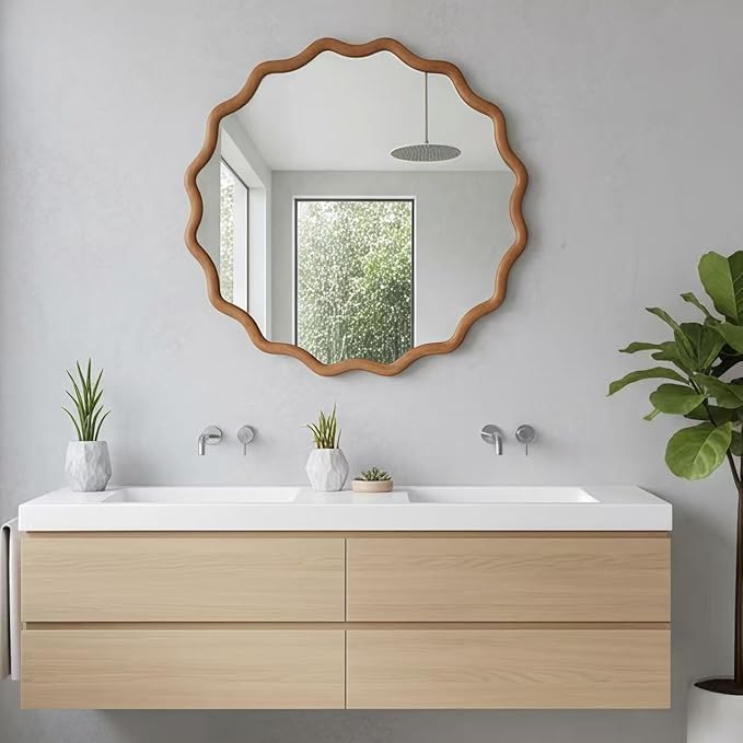 24" Wavy Round Solid Wood Frame Decorative Mirror, for Bedroom, Bathroom, Living Room, Entryway, HU26052223 (Brown)