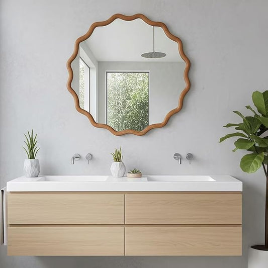 24" Wavy Round Solid Wood Frame Decorative Mirror, for Bedroom, Bathroom, Living Room, Entryway, HU26052223 (Brown)