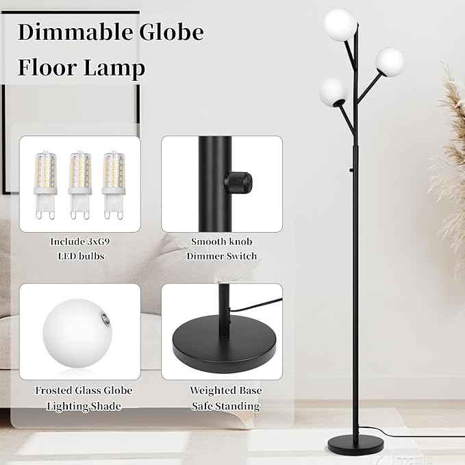 3-Globe Mid Century Black Tree Floor Lamp for Living Room,70in Tall Modern Stepless Dimmable Standing Lamp with Frosted Glass Shade for Office Bedroom, Study Room Bulbs Included(dimmer-Black)