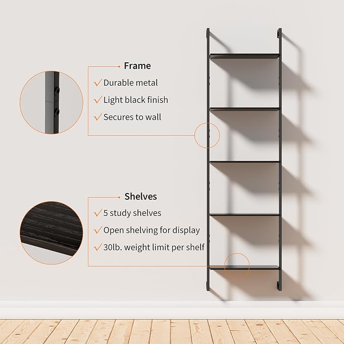 5 Tier Industrial Ladder Bookshelf 15.74" Dx9.44 Wx62.99 H, Wall Mounted Bookcase with Metal Frame for Home Office, Living Room, Study，Black