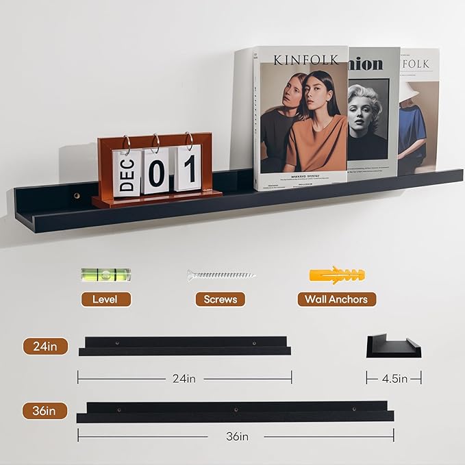 NEXHOME PRO Floating Shelves for Wall Set of 2,36 Inches Picture Ledge Shelf, Kids Bookshelf Wall Mounted for Living Room Bedroom Bathroom Kitchen, Easy Install,Black
