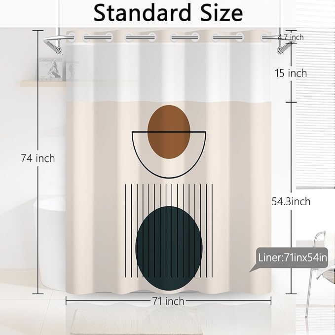No Hook Boho Shower Curtain with Snap in Liner Set, Modern Geometric Minimalist Pattern, Waterproof Fabric Bath Curtain with Mesh Top Window, 71x74 Inches