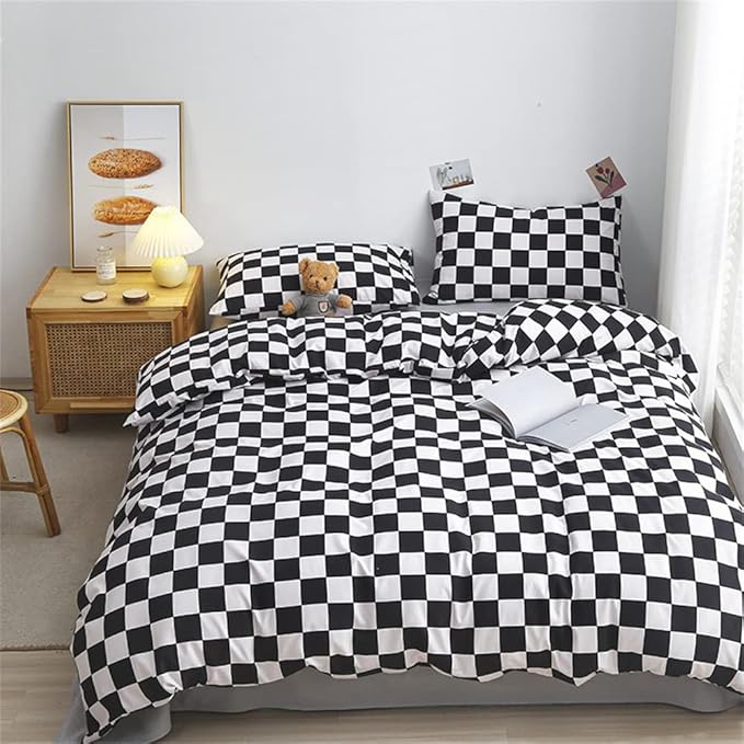 Pureant Black White Plaid Comforter Set California King Black Checkerboard Grid Bedding Comforter Black and White Grid Quilts Cal King Soft Black Buffalo Grid Comforter Checkered Geomertic Bed
