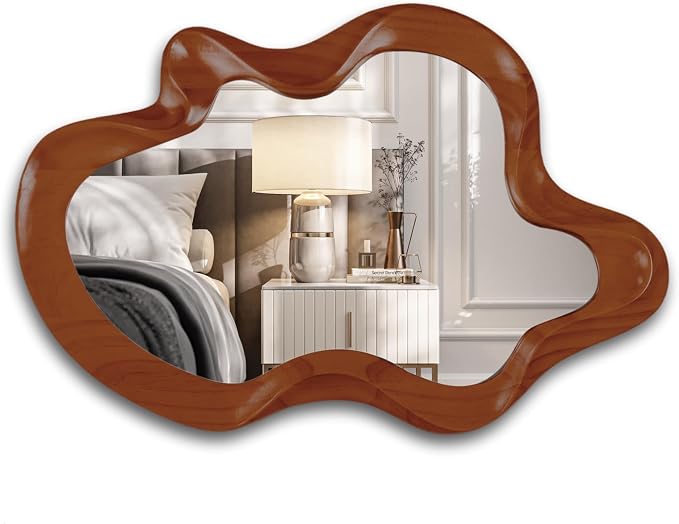 32"x 21" Irregular Wall Mirror, Walnut Wooden Framed Asymmetrical Wall Mirror for Living Room Bedroom Entryway Bathroom Modern Decorative Hanging Hooks