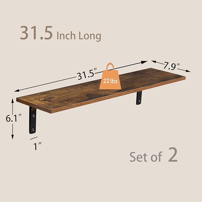 DINZI LVJ Long Wall Shelves, 31.5 Inch Wall Mounted Shelves Set of 2, Easy-to-Install, Wall Storage Ledges with Sturdy Metal Brackets for Living Room, Bathroom, Bedroom, Kitchen, Rustic Brown | Easy-to-Install