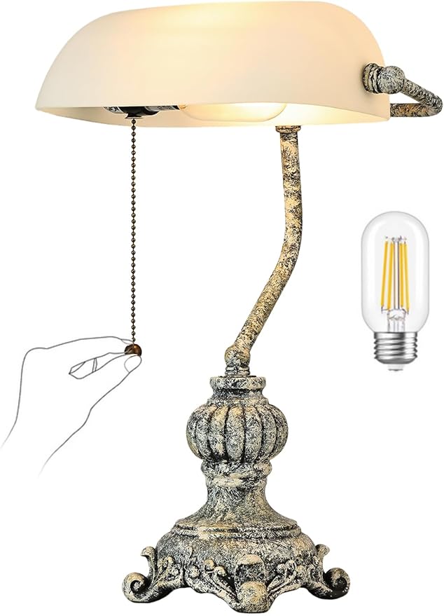 Retro White Matted Glass Bankers Desk Lamp for Home Office,Library with Pull Chain Switch Plug in Fixture, LED Bulb Included