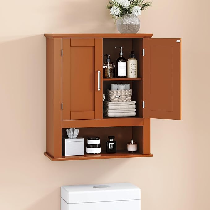 VINGLI Bathroom Wall Cabinet, Black Wall Mounted Storage Cabinet for Bathroom Over the Toilet, Medicine Cabinet with 2 Doors and 3-Height Adjustable Shelf & Open Shelf, Painted MDF, Space Saving
