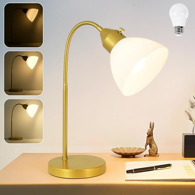 RISLG LED Desk Lamp for Home Office, 3 Levels Dimmable Reading Light, Flexible Table Lamp for Bedside Office, Rotary Switch Control, Desk Lamp for College Dorm Study Lamp, Bulb Included, Gold