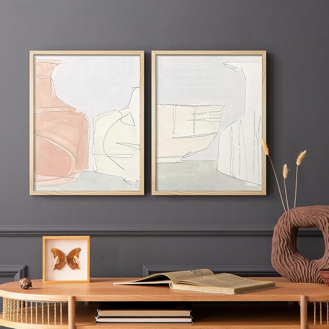 Renditions Gallery Set of 2 Peel & Stick Framed Prints, Neutral Abstract Wall Art, Soft Tones Delicate Linework Wall Decor, Re-Stickable - Ready to Hang - 11"x14" - NATURAL WOOD Frame LT588