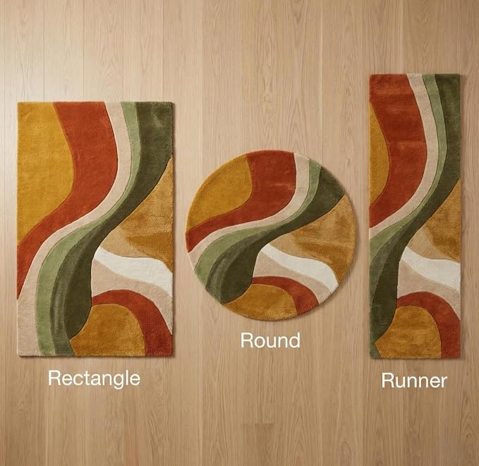 Retro Wave Area Rug, Multicolor Abstract Curved Stripes, Mustard Yellow Rust Orange Olive Green Cream, Modern Bohemian Style (8 * 10 feet)